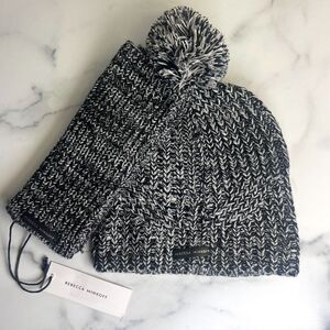 Rebecca Minkoff Marled Pom Pom Beanie Hat & Arm Warmers Set Open Fingers NWT